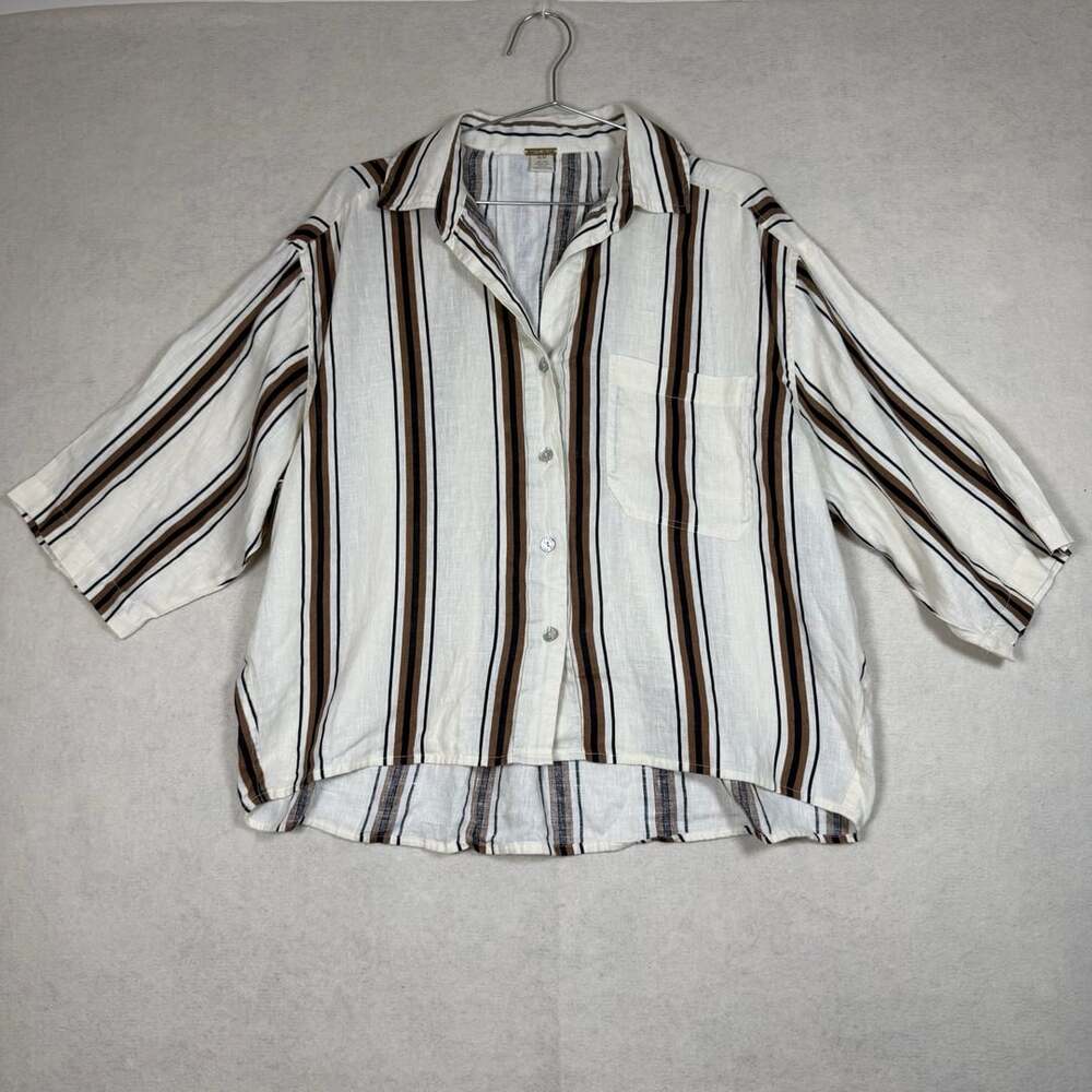 Magaschoni Shirt Womens M Striped Button Up Linen Top Ivory Brown Black